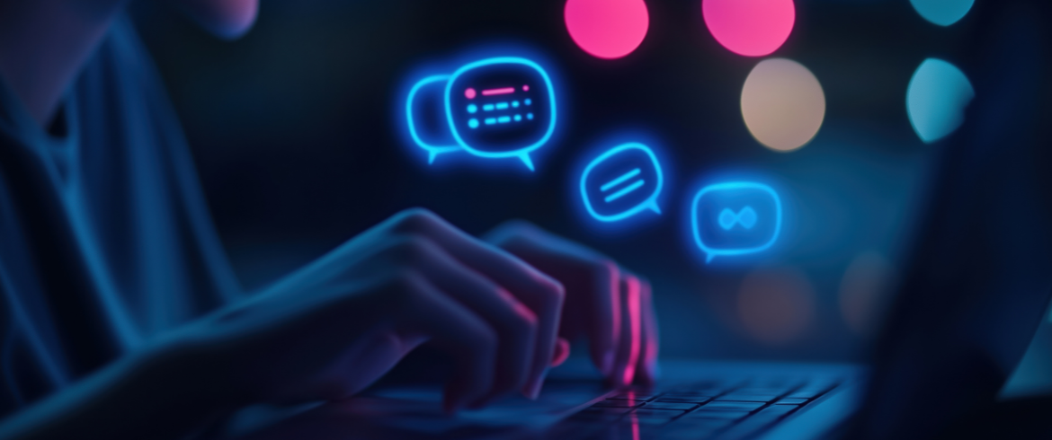 A person typing on a computer with graphic overlays suggesting they are working on messaging and brand voice.